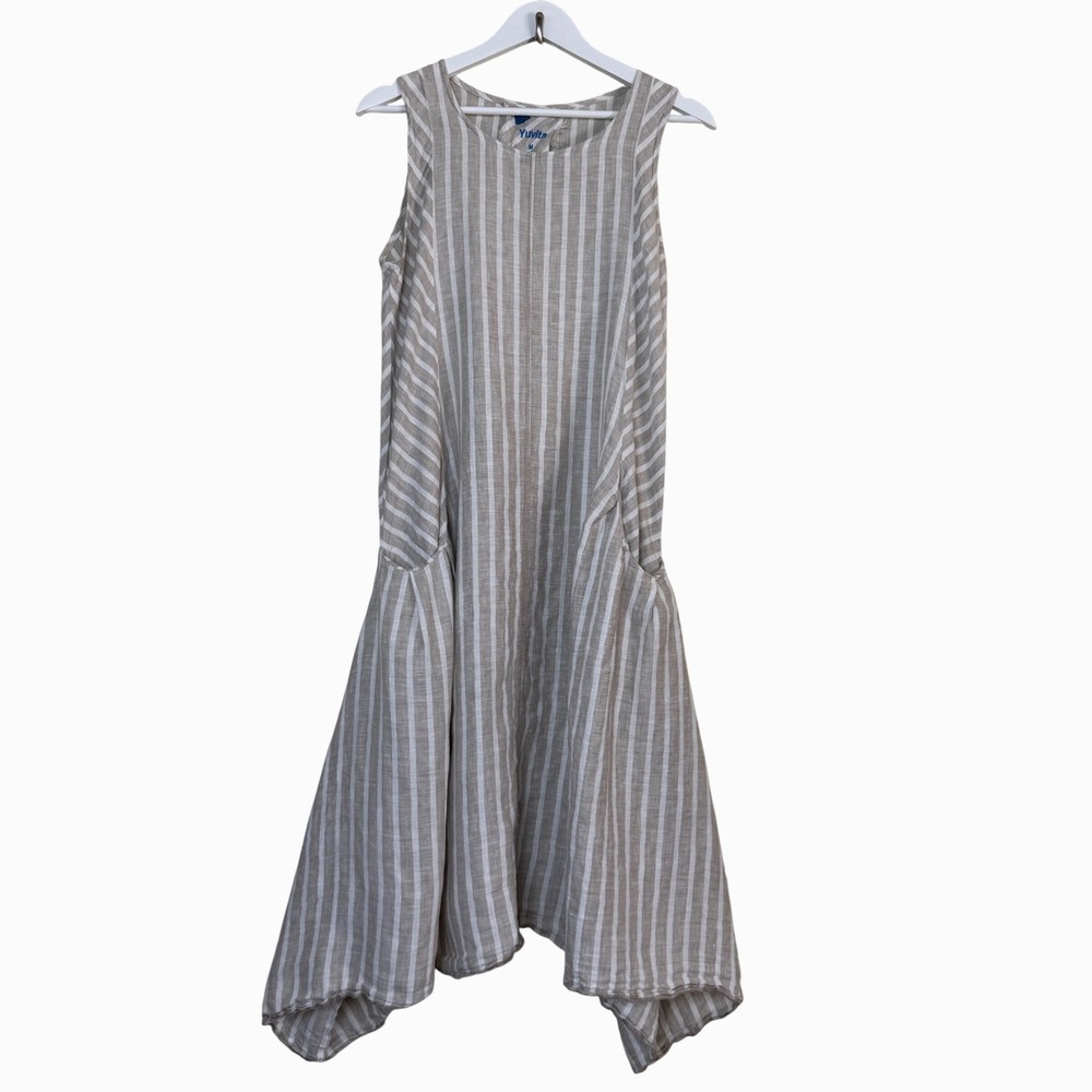 Yuvita Womens Linen Striped Handkerchief Hem Midi Dress Size M Coastal Summer
